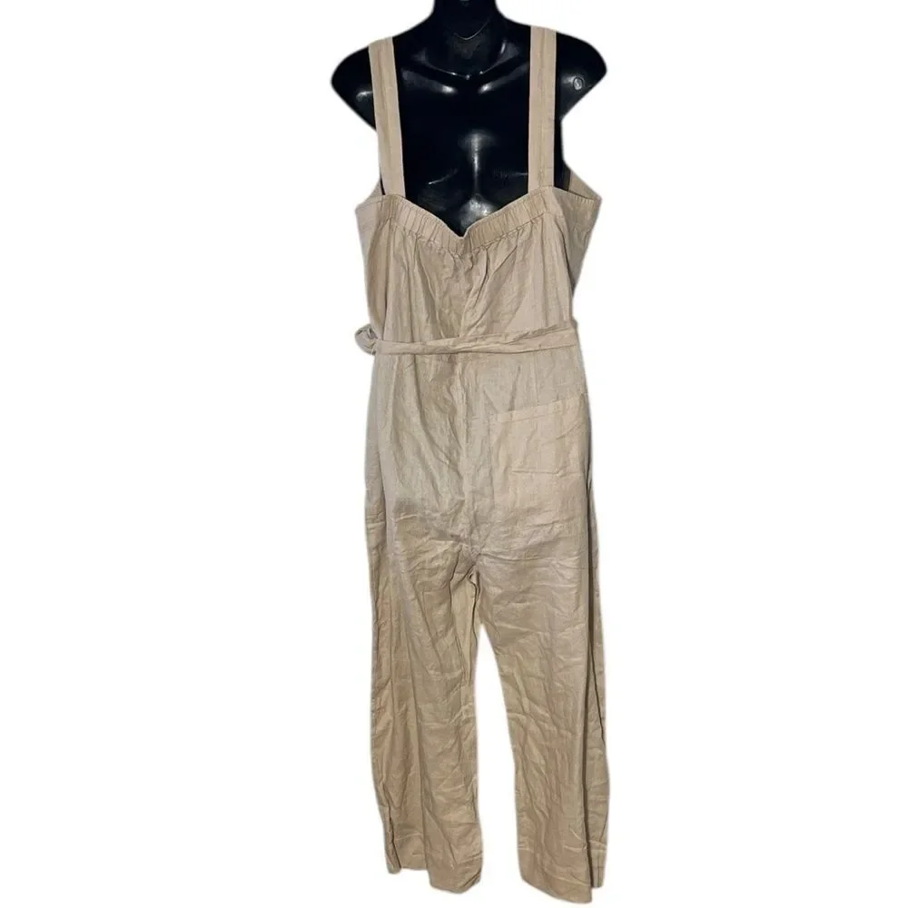 Quince women’s large 100% European linen square neck jumpsuit driftwood new